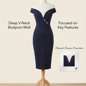 Off-Shoulder Deep V-Neck Bodycon Midi Dress - Navy